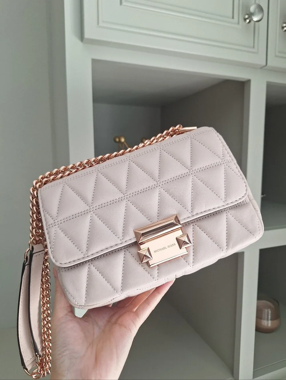 NWT Michael Kors Sloan Quilted Bag Small Size Soft Pink With Rose Gold Hardware